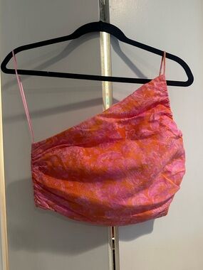 Zara One-Shoulder Floral Crop Top in Pink and Orange